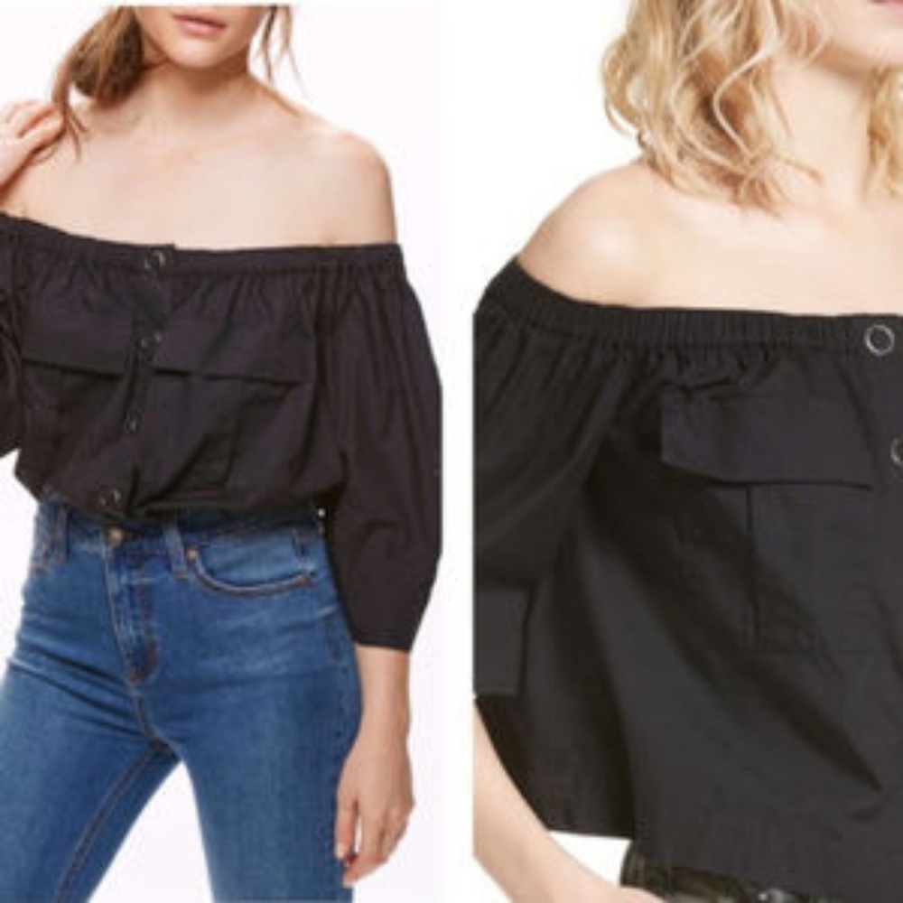 Free People Black Off Shoulder Snap Top XS & M NWT